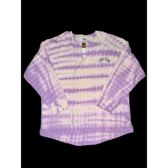 New Victoria Secret PINK Sweatshirt Tie Dye Purple White Sz LG Crewneck Spellout - Picture 3 of 8